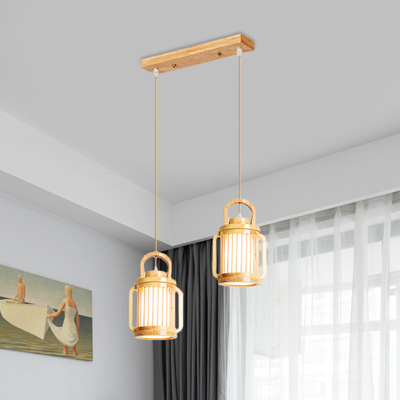 Nordic 2-Head Hanging Lamp: Beige Water Jug Pendant Lighting With Wood Shade