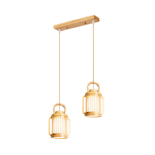 Nordic Beige Water Jug Pendant Light With Wood Shade - 2 Heads Hanging Lamp Multi-Light Ceiling
