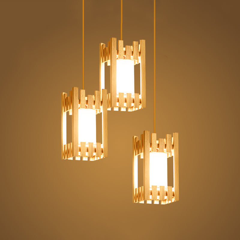 Wooden Cluster Arbor Pendant Asian Ceiling Lamp With Fabric Lampshade - 3 Bulbs Beige Suspension