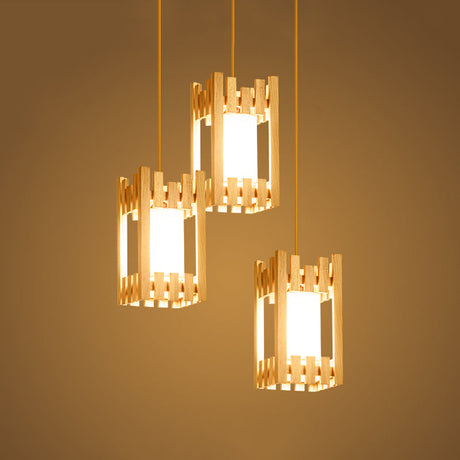 Wooden Asian Pendant Lamp With 3 Beige Fabric Shades
