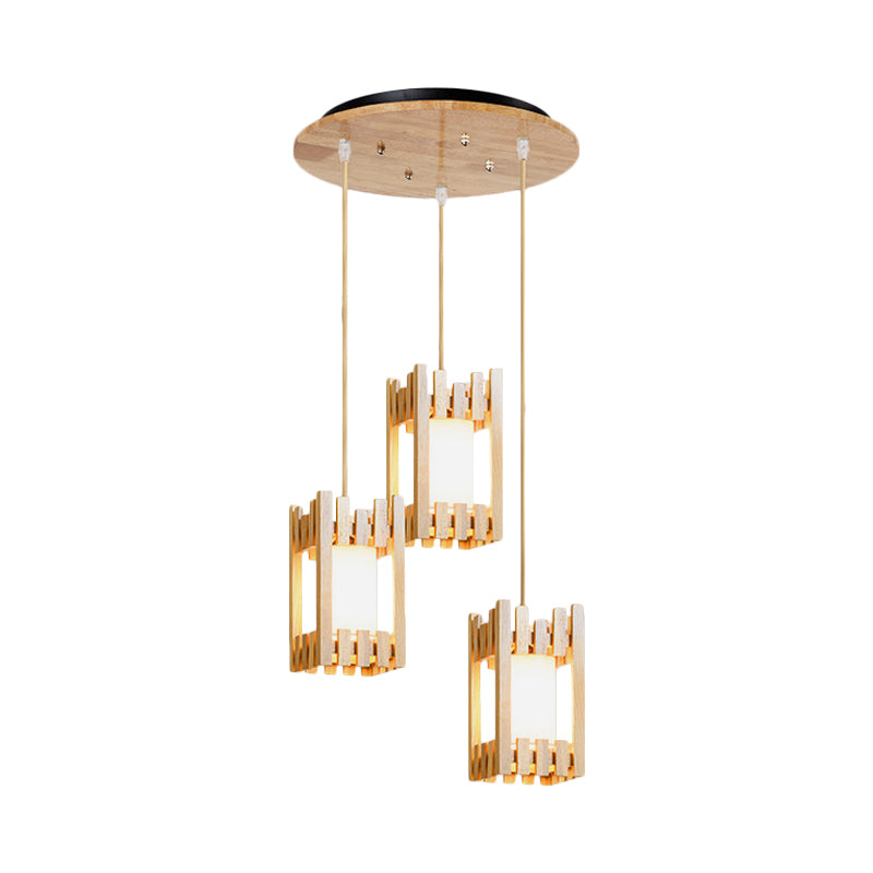 Wooden Lodge Pendant Lamp With 3 Beige Headlights For Dining Table