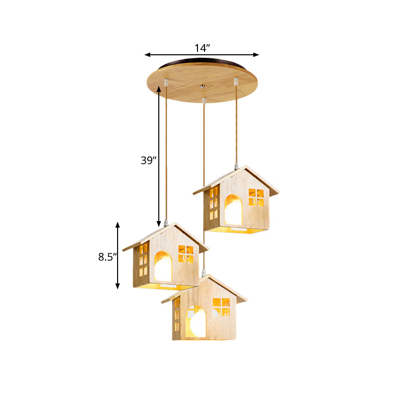 Wooden Lodge Pendant Lamp With 3 Beige Headlights For Dining Table