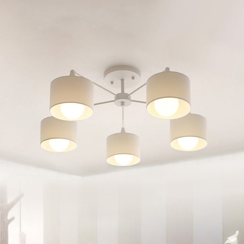 Nordic Fabric Semi Flush Mount Lamp In White - 5-Bulb Bedroom Ceiling Chandelier