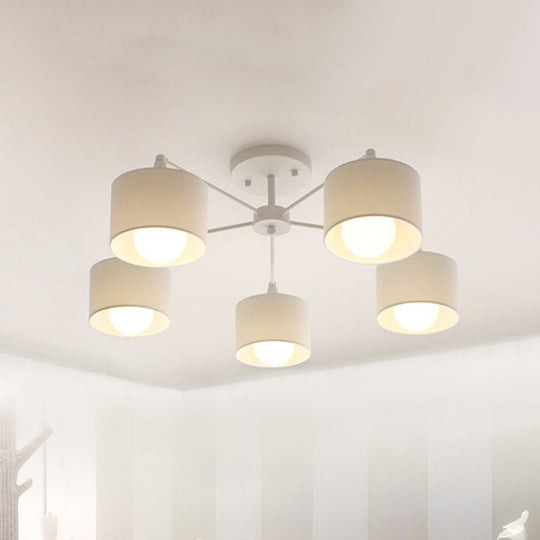 Nordic Fabric Semi Flush Mount Lamp In White - 5-Bulb Bedroom Ceiling Chandelier