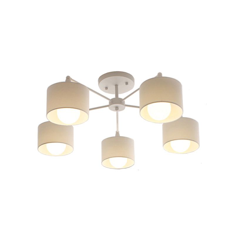 Nordic Fabric Semi Flush Mount Lamp In White - 5 - Bulb Bedroom Ceiling Chandelier