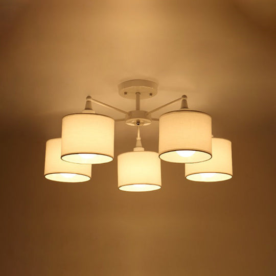 Nordic Fabric Semi Flush Mount Lamp In White - 5-Bulb Bedroom Ceiling Chandelier