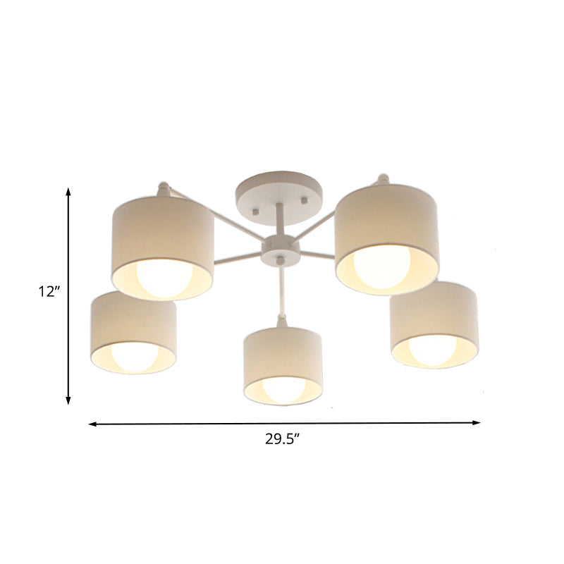 Nordic Fabric Semi Flush Mount Lamp In White - 5 - Bulb Bedroom Ceiling Chandelier