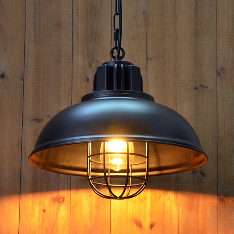 Industrial Pendant Light - White/Black Factory Iron Bowl Shape Ceiling Lamp With Wire Cage Frame