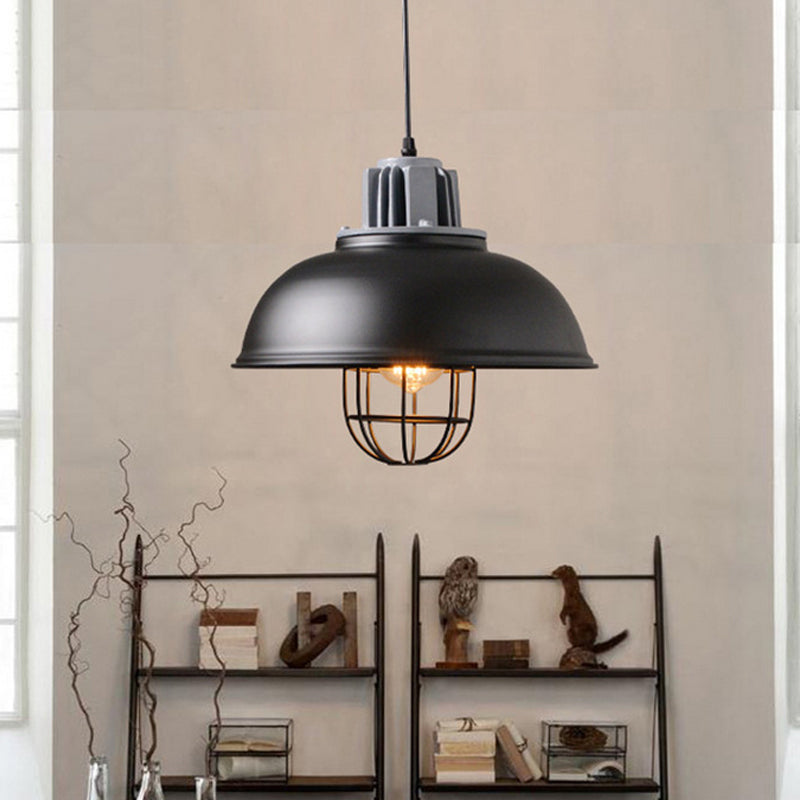 Industrial Pendant Light - White/Black Factory Iron Bowl Shape Ceiling Lamp With Wire Cage Frame