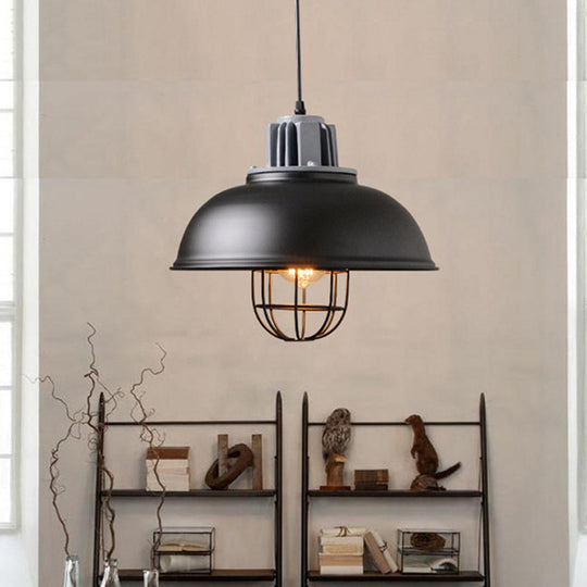 Industrial Pendant Light - White/Black Factory Iron Bowl Shape Ceiling Lamp With Wire Cage Frame