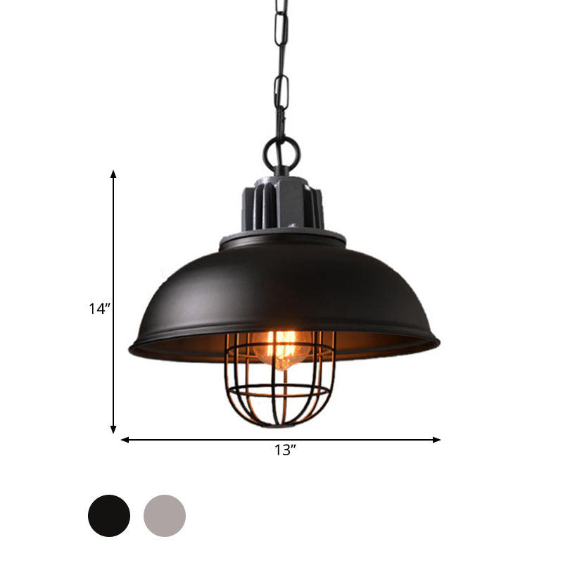 Industrial Pendant Light - White/Black Factory Iron Bowl Shape Ceiling Lamp With Wire Cage Frame