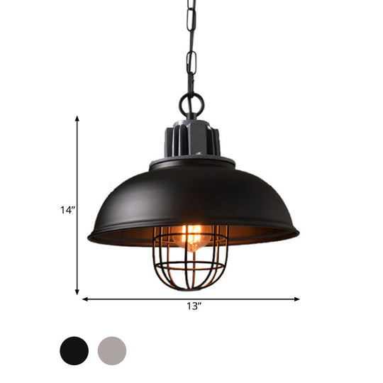 Industrial Pendant Light - White/Black Factory Iron Bowl Shape Ceiling Lamp With Wire Cage Frame