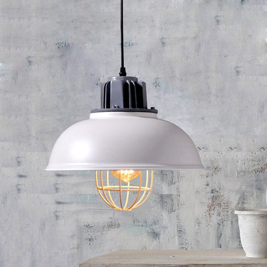 Industrial Pendant Light - White/Black Factory Iron Bowl Shape Ceiling Lamp With Wire Cage Frame