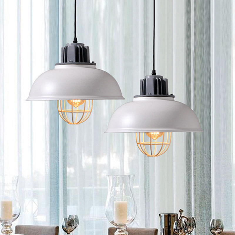 Industrial Pendant Light - White/Black Factory Iron Bowl Shape Ceiling Lamp With Wire Cage Frame