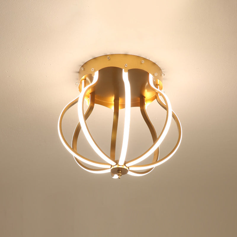 Macaron Style Aluminum Led Ceiling Light - Yellow/Blue Pear Cage Semi Flush Mount For Bedroom
