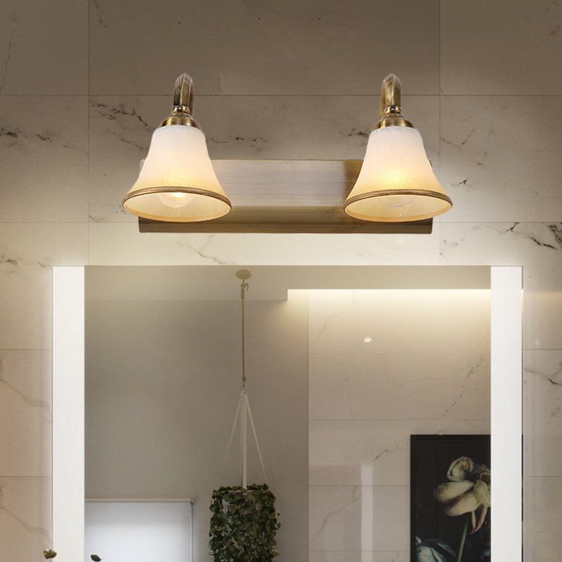 Vintage Opal Glass Bell Wall Mounted Vanity Sconce With Gold Finish And Metal Swooping Arm - 2/3/4