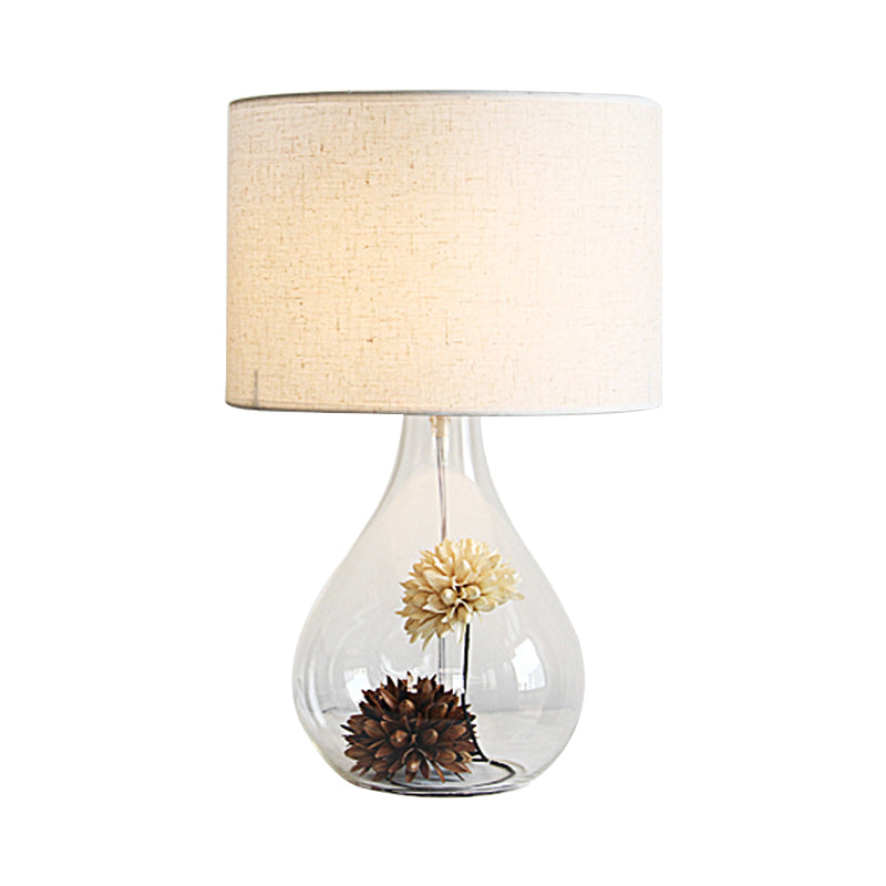 Lara - Pastoral White Drum Night Light Fabric 1-Light Cafe Table Lamp With Vase Clear Glass Base