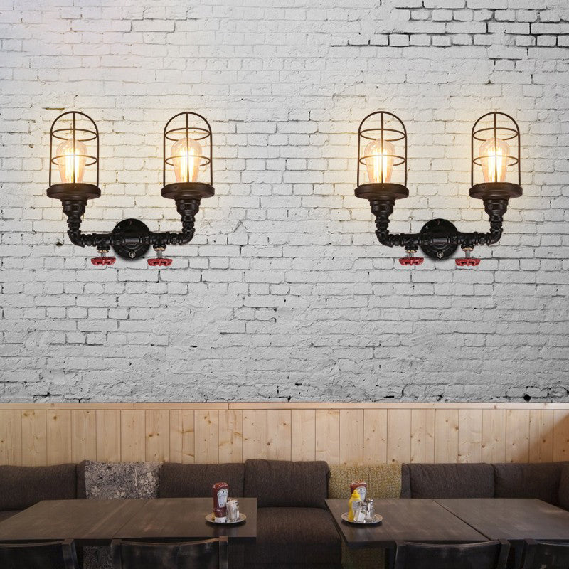 Vintage Caged Metal Shade Wall Mount Sconce With Red Valve And Pipe - Set Of 2 Bulb Lights Black
