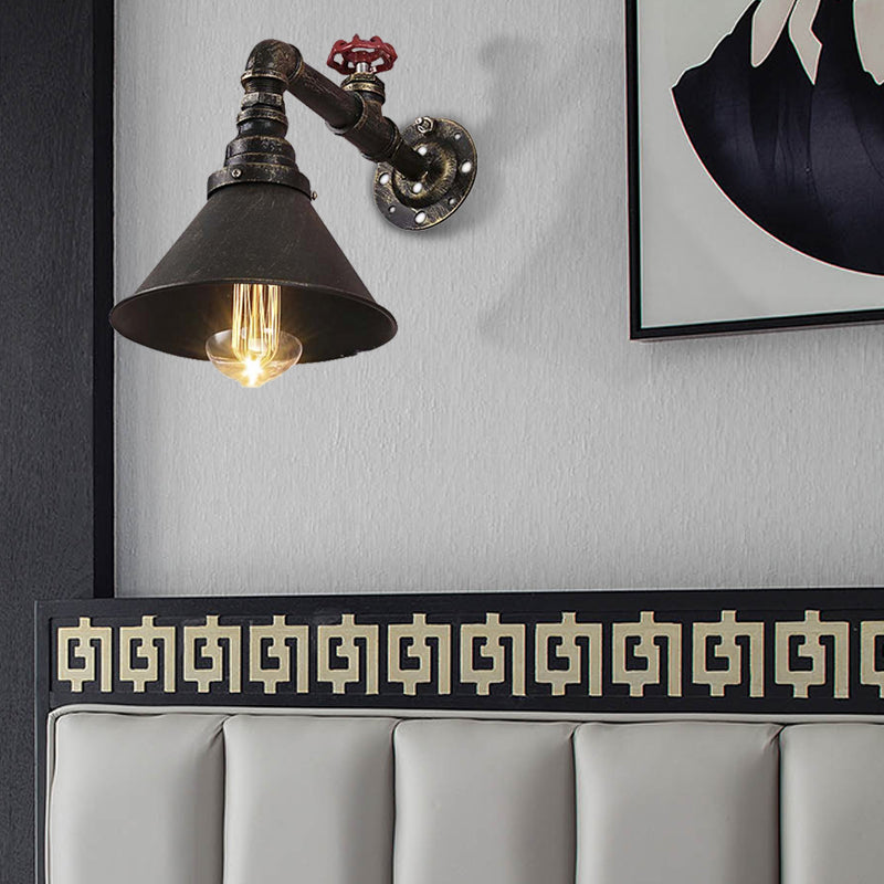 Vintage Brass Wall Sconce With Metal Cone Shade And Valve Décor - Antique Style Lamp Fixture