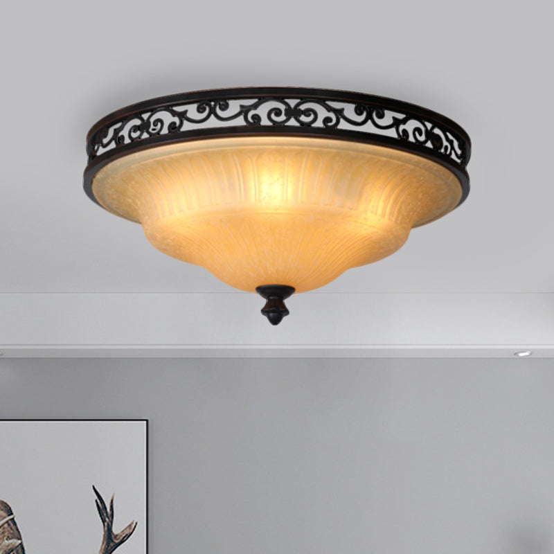 Fluted Glass Led Ceiling Light With Black Cover Lid Traditional Style For Dining Hall -