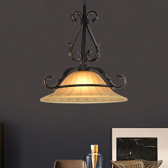 Rustic Bell Pendulum Led Suspension Light With Ribbed Glass In Bronze - Ideal For Bedroom Décor