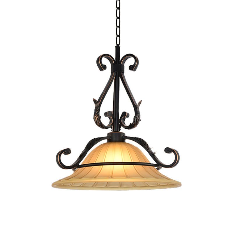 Rustic Bell Pendulum Led Suspension Light With Ribbed Glass In Bronze - Ideal For Bedroom Décor