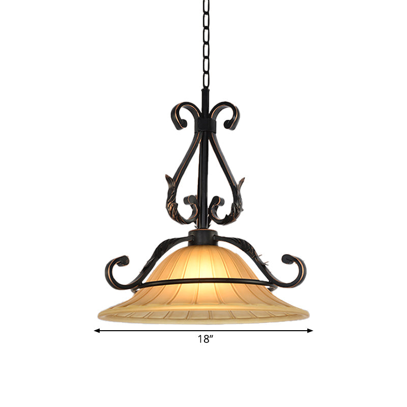 Rustic Bell Pendulum Led Suspension Light With Ribbed Glass In Bronze - Ideal For Bedroom Décor