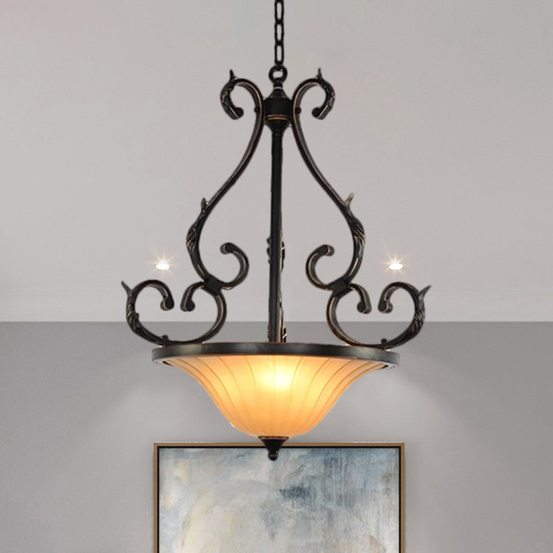 Traditional Bronze Inverted Bell Ceiling Lamp - Led Fluted Glass Pendant Lighting