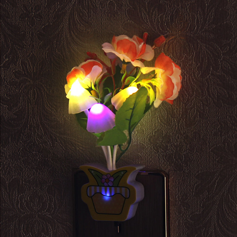 Contemporary Plastic Blooming Flower Wall Nightlight - Yellow/Pink/Peach Led Night Light With Plug