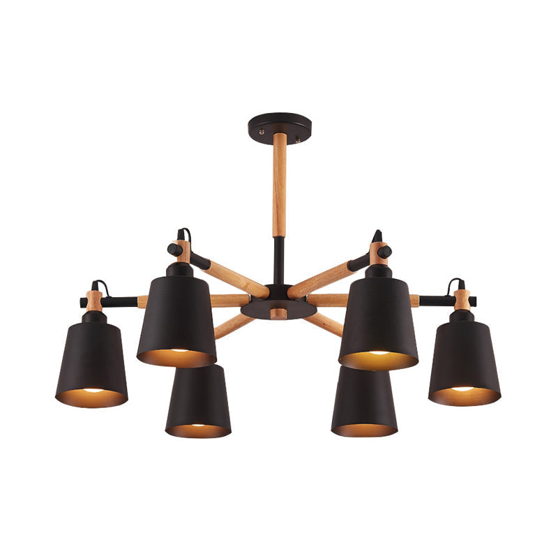 Nordic Metal Chandelier Light With 6 Bulbs & Wooden Arm - Black/White Suspension Lamp For Living