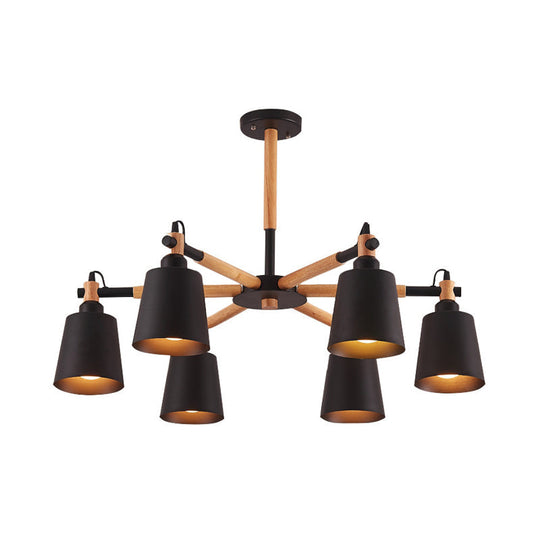 Nordic Metal Chandelier Light With 6 Bulbs & Wooden Arm - Black/White Suspension Lamp For Living