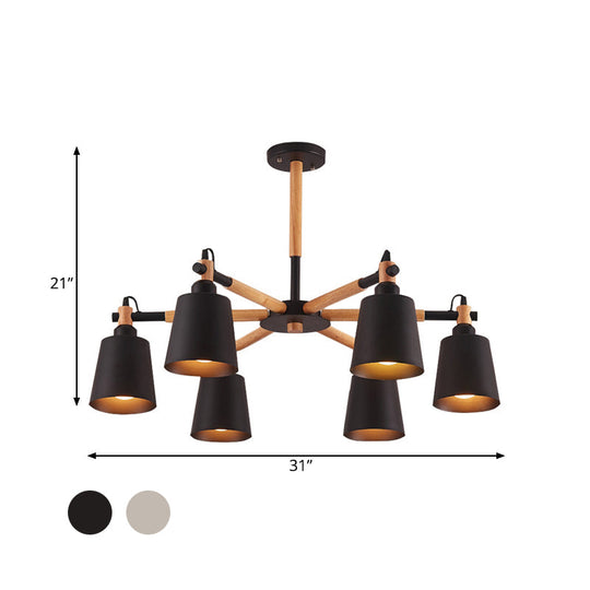 Nordic Metal Chandelier Light With 6 Bulbs & Wooden Arm - Black/White Suspension Lamp For Living