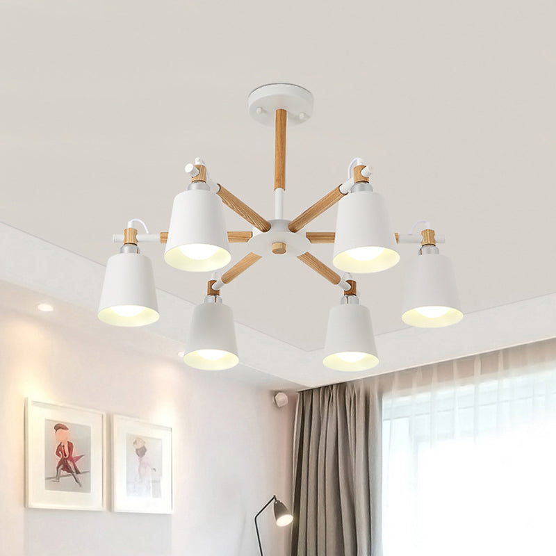 Nordic Metal Chandelier Light With 6 Bulbs & Wooden Arm - Black/White Suspension Lamp For Living