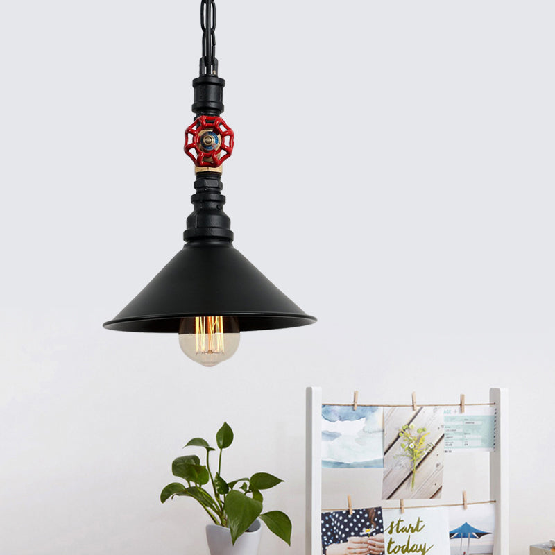 Industrial Metal Water Pipe And Valve Suspension Pendant - Black/Bronze Cone Shade Black