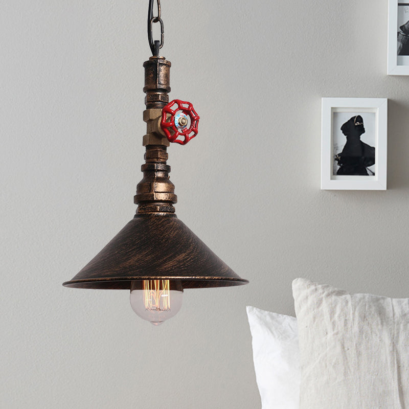 Industrial Metal Water Pipe And Valve Suspension Pendant - Black/Bronze Cone Shade