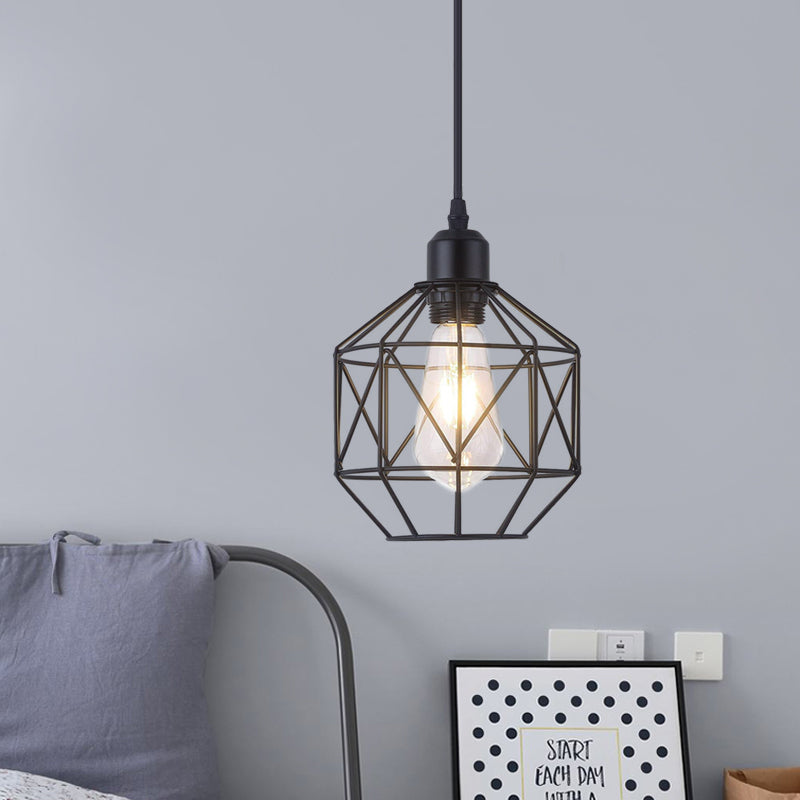 Industrial-Style Prism Cage Pendant Light - 1 Head Down Lighting In Black For Dining Room
