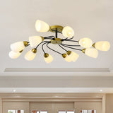 Iron Black/Gold Ceiling Spiral Semi Flush Mount Light With Tapered White Glass Shade - 9/12-Head