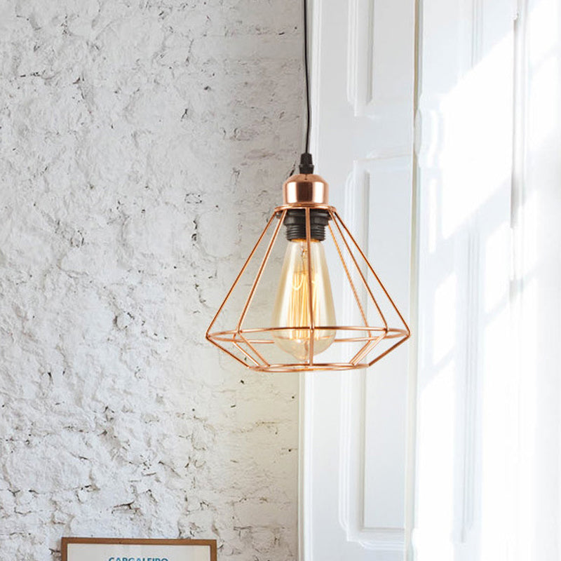 Rose Gold Iron Diamond Cage Pendant Lamp - Industrial Ceiling Light With 1-Bulb