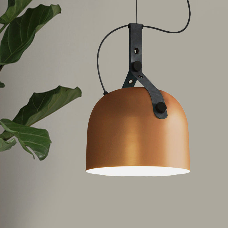 Iron Bowled Pendant Lamp: 1-Bulb Ceiling Light In Black/Copper/Silver With Leather Strap