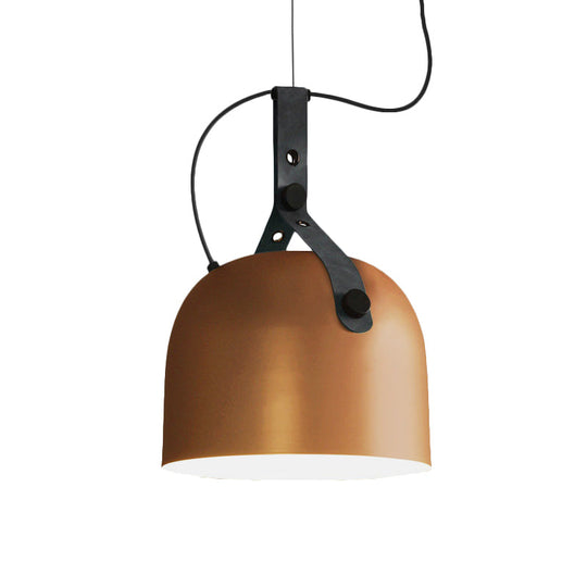 Iron Bowled Pendant Lamp: 1-Bulb Ceiling Light In Black/Copper/Silver With Leather Strap