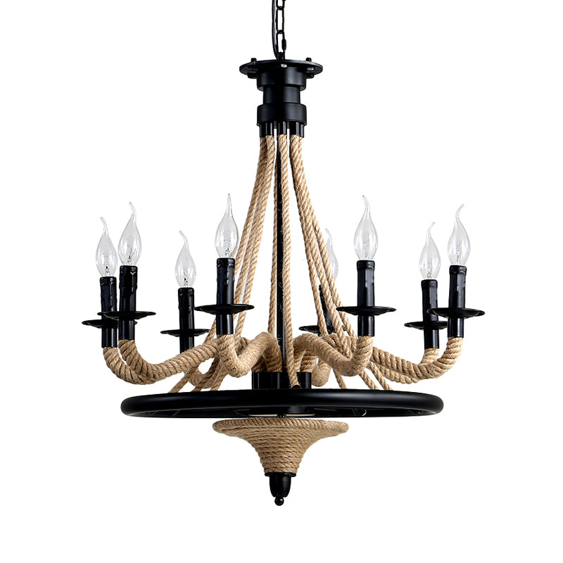 Farmhouse 8-Bulb Rope Candle Chandelier Pendant Light In Black With Wheel Design - Perfect For