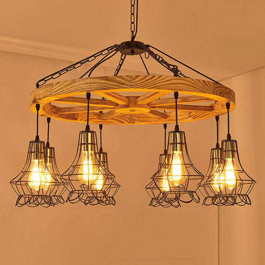 Suspension Wooden Wagon Wheel Chandelier - Rustic 6/8-Light Fixture With Wire Cage For Dining Hall