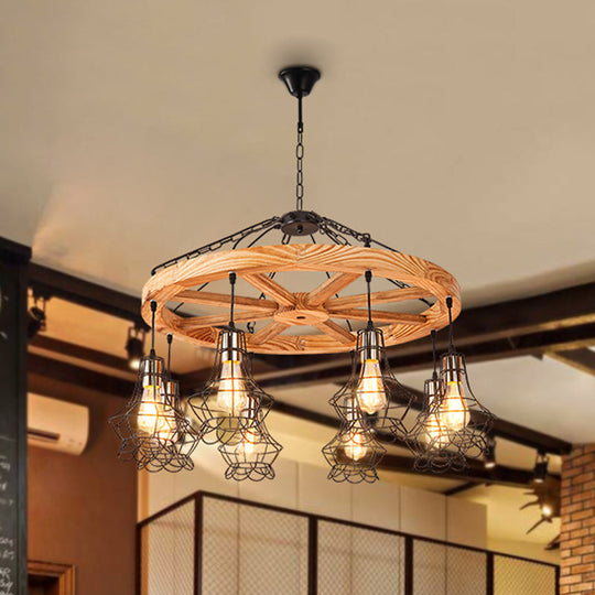 Suspension Wooden Wagon Wheel Chandelier - Rustic 6/8-Light Fixture With Wire Cage For Dining Hall