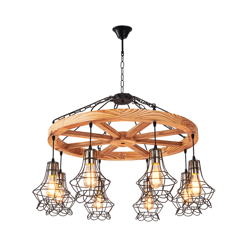 Suspension Wooden Wagon Wheel Chandelier - Rustic 6/8-Light Fixture With Wire Cage For Dining Hall