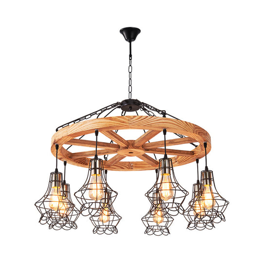 Suspension Wooden Wagon Wheel Chandelier - Rustic 6/8-Light Fixture With Wire Cage For Dining Hall