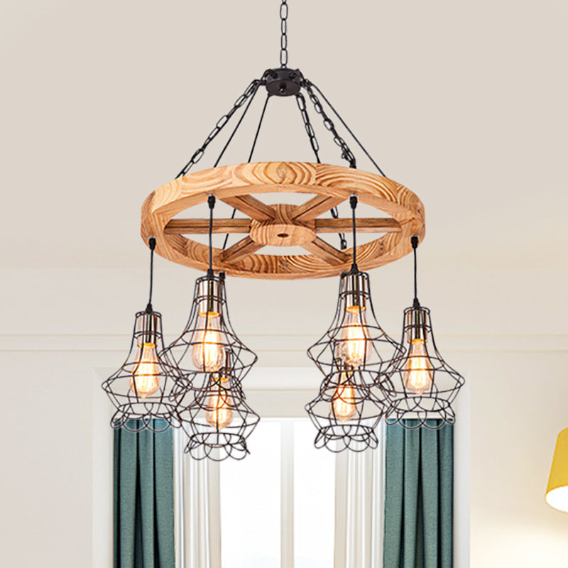 Suspension Wooden Wagon Wheel Chandelier - Rustic 6/8-Light Fixture With Wire Cage For Dining Hall