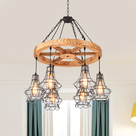 Suspension Wooden Wagon Wheel Chandelier - Rustic 6/8-Light Fixture With Wire Cage For Dining Hall