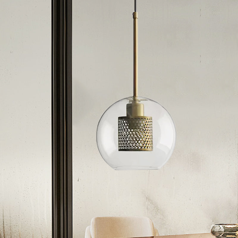 Cylindrical Colonial Metal Mesh Bedroom Pendant Light With Clear Glass Shade Bronze/Silver Gray