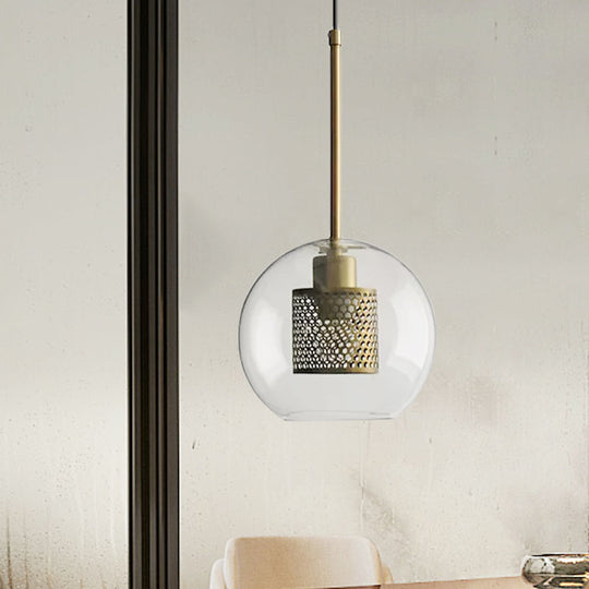Cylindrical Colonial Metal Mesh Bedroom Pendant Light With Clear Glass Shade Bronze/Silver Gray