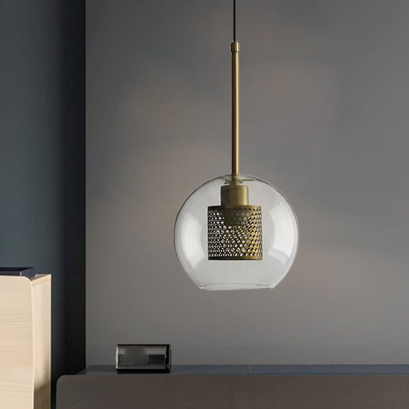 Cylindrical Colonial Metal Mesh Bedroom Pendant Light With Clear Glass Shade Bronze/Silver Gray